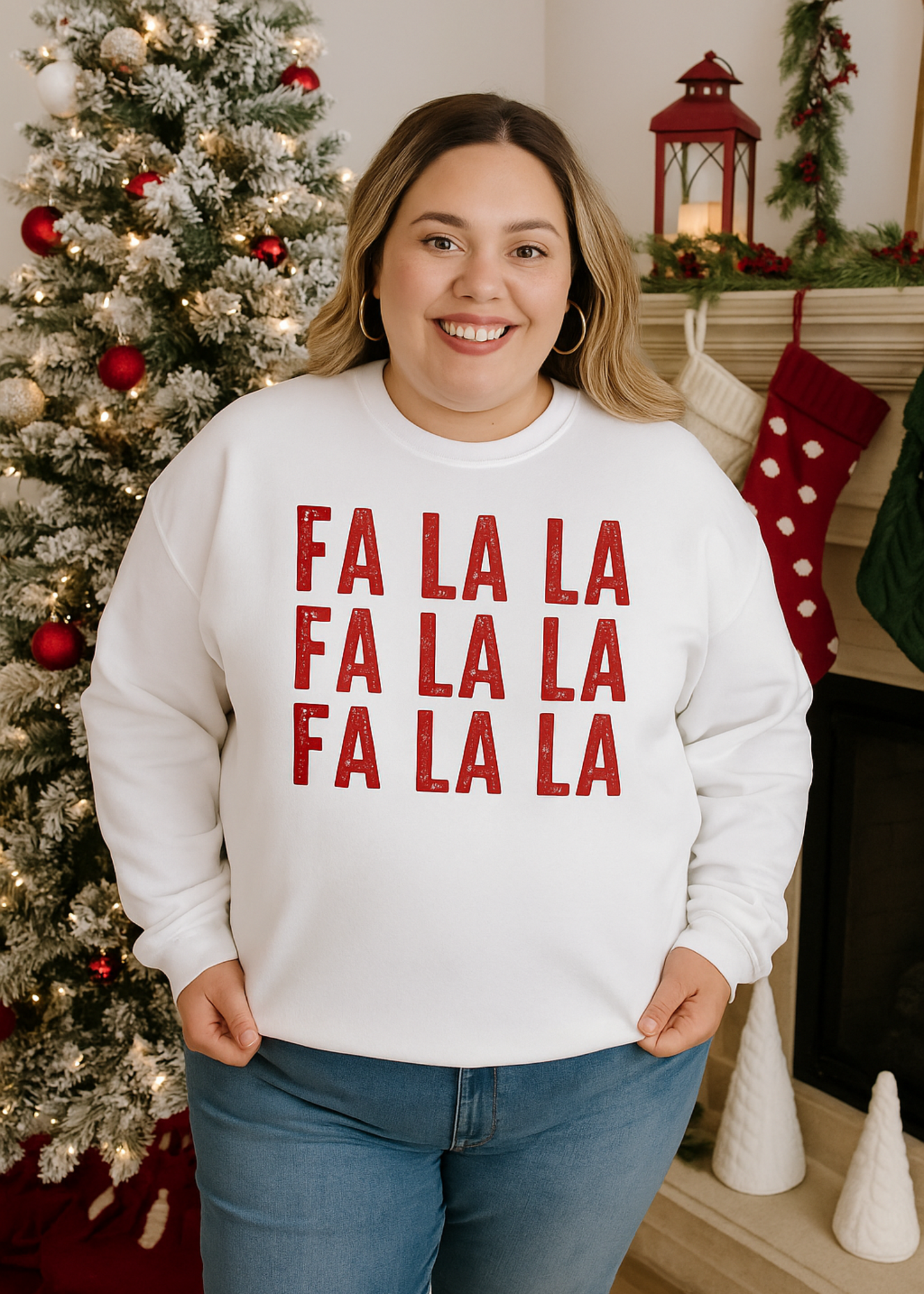 fa la la white sweatshirt on plus size model
