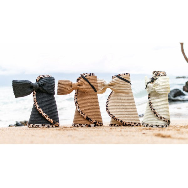 Straw Hat with Leopard Trim Foldable Bow Visors