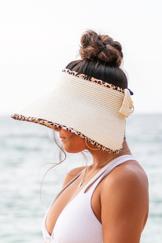 Straw Hat with Leopard Trim Foldable Bow Visors