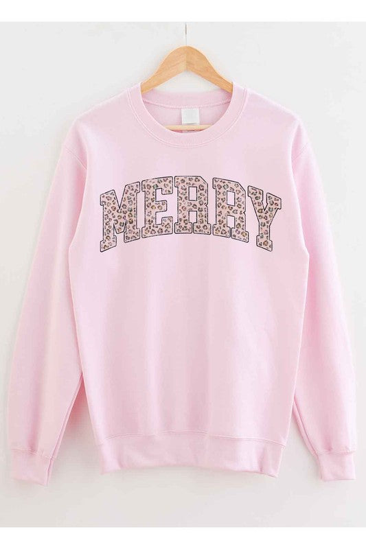 Pink sweatshirt with 'MERRY' in rhinestone letters on a white background
