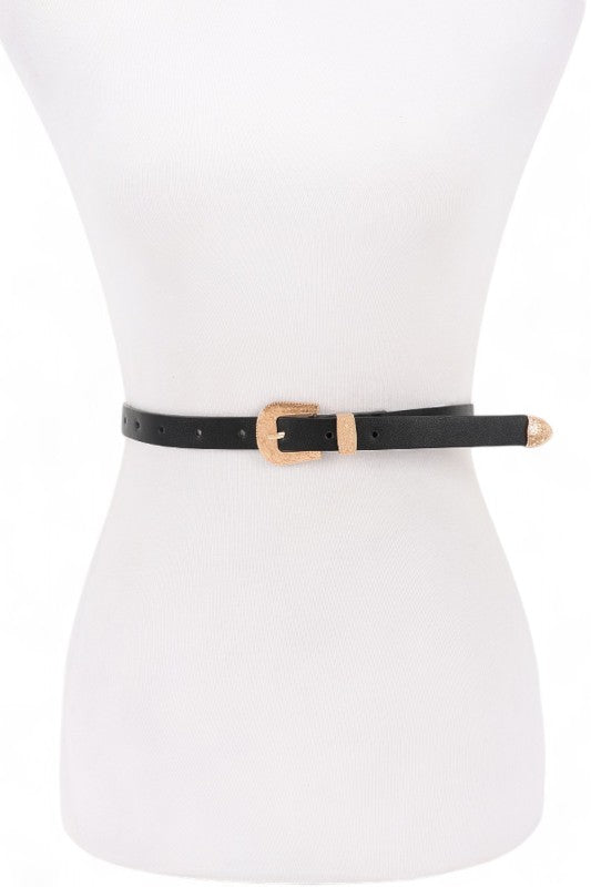 Black belt with a gold buckle on a mannequin against a white background