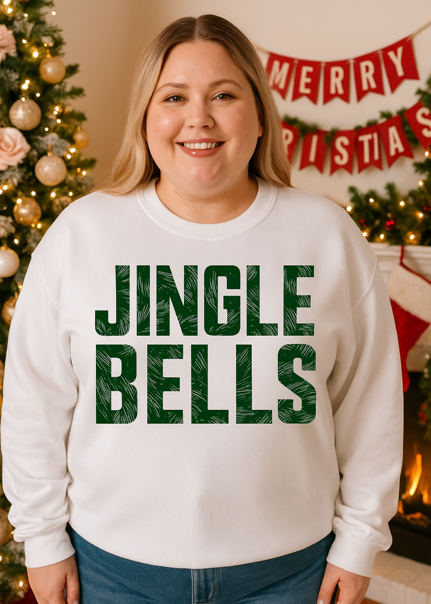 Person wearing a white sweatshirt with 'Jingle Bells' text in a festive setting.