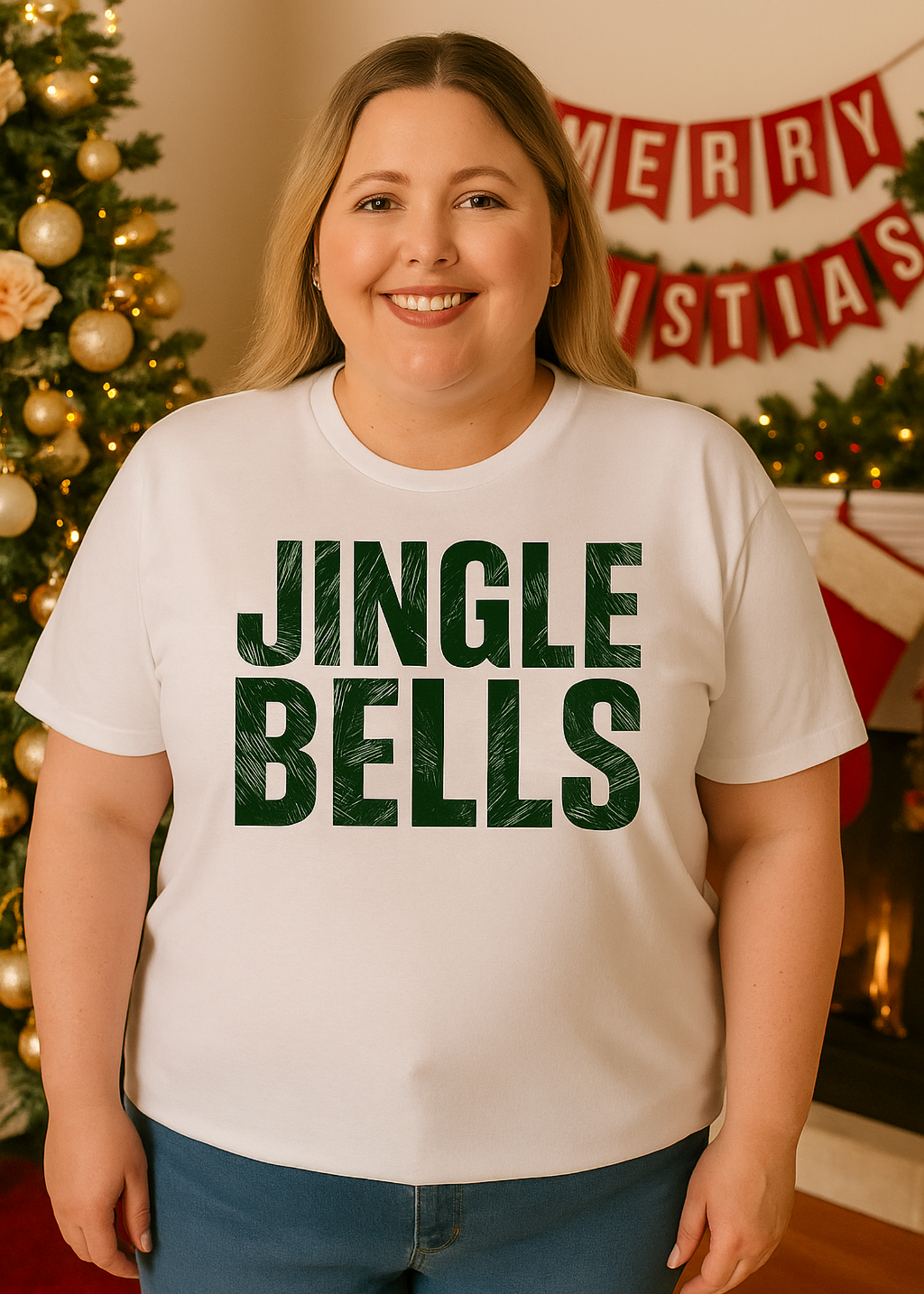 plus size model in white tee with green words "jingle bells"