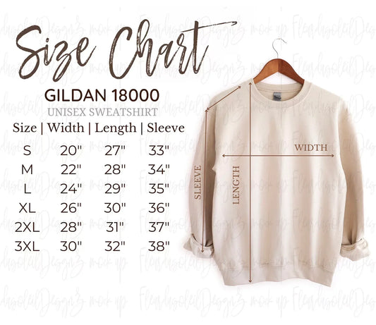 Size chart for GILDAN 18000 unisex sweatshirt with a beige sweatshirt on a white background.