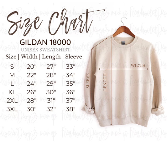 Gildan 18000 unisex sweatshirt size chart with measurements on a white background