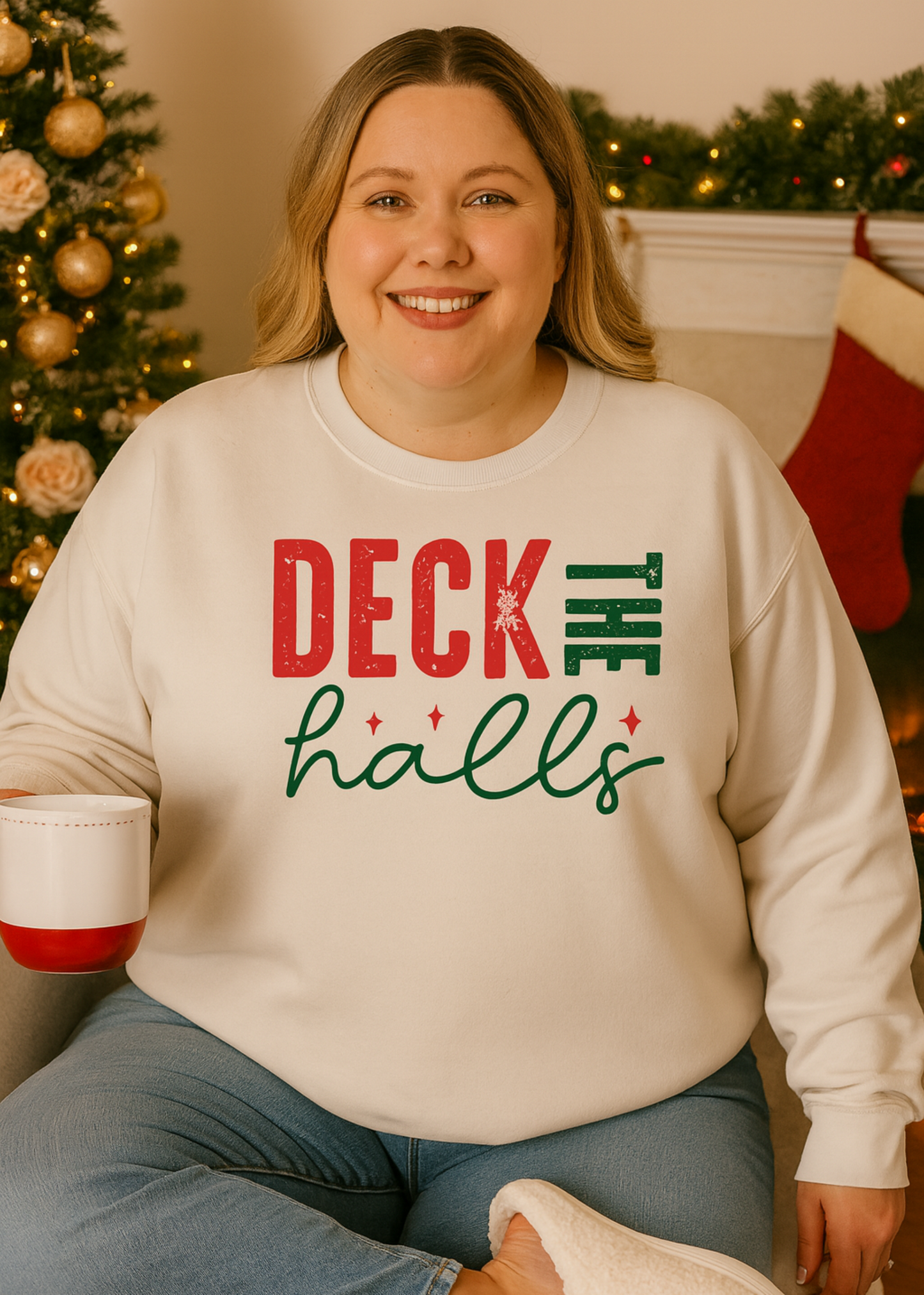 Person wearing a 'Deck the Halls' sweater in a festive setting with Christmas decorations.