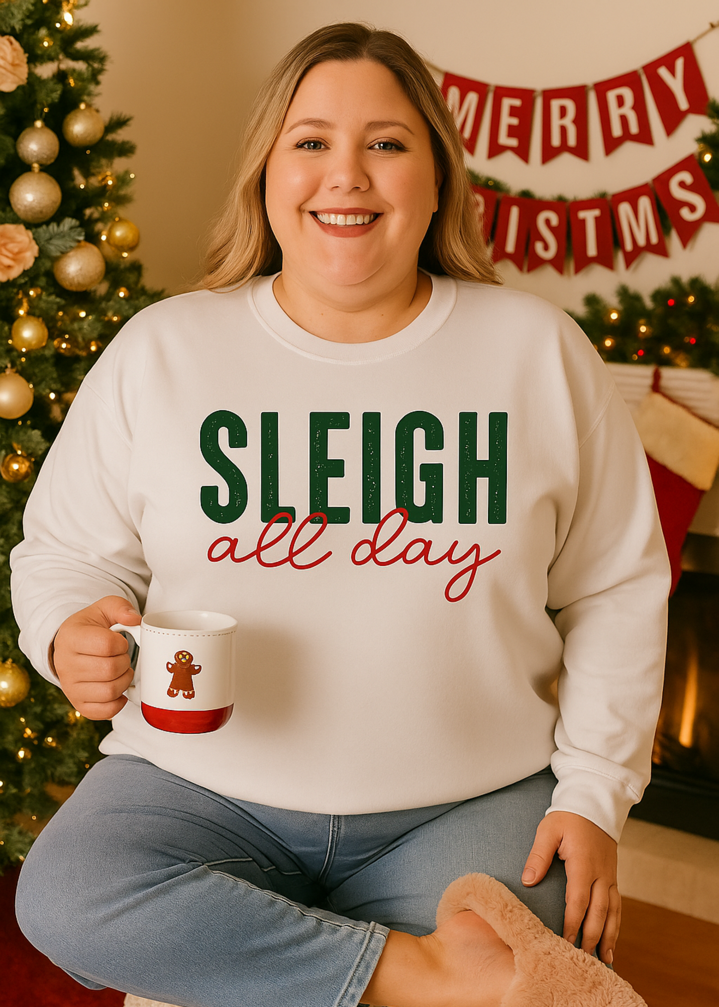 Person wearing a 'Sleigh all day' sweater holding a mug with a Christmas tree and 'Merry Christmas' decorations in the background.