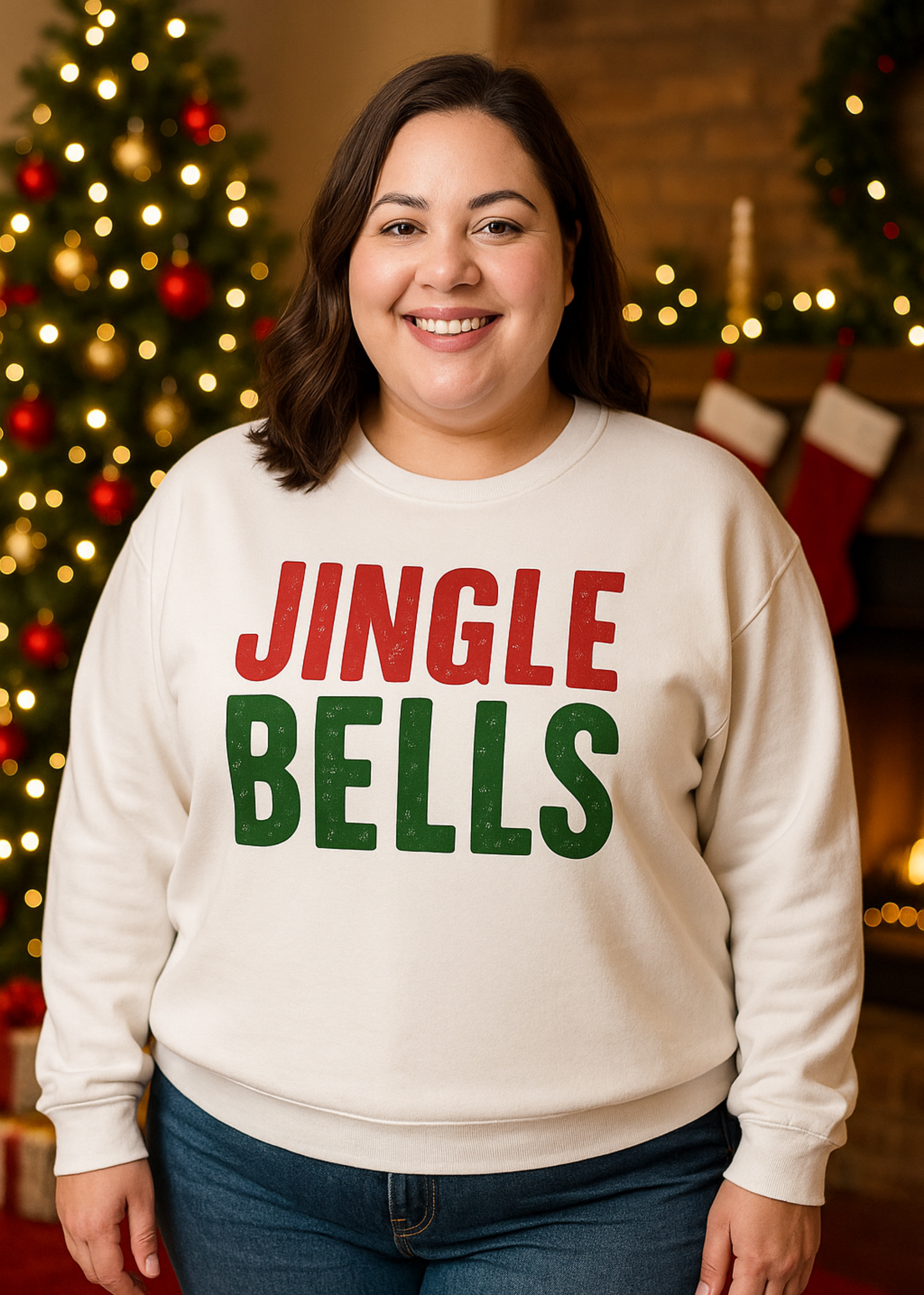 Person wearing a 'Jingle Bells' sweater in front of a Christmas tree and stockings.