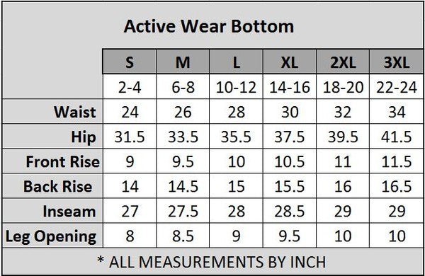 Size chart for active wear bottoms with measurements in inches.