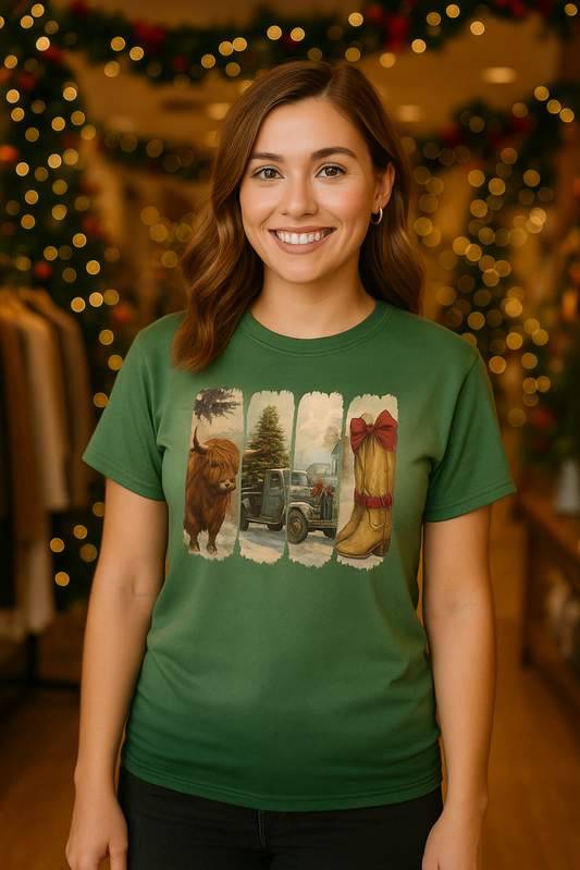 Woman wearing a green t-shirt with a graphic design in a festive indoor setting.