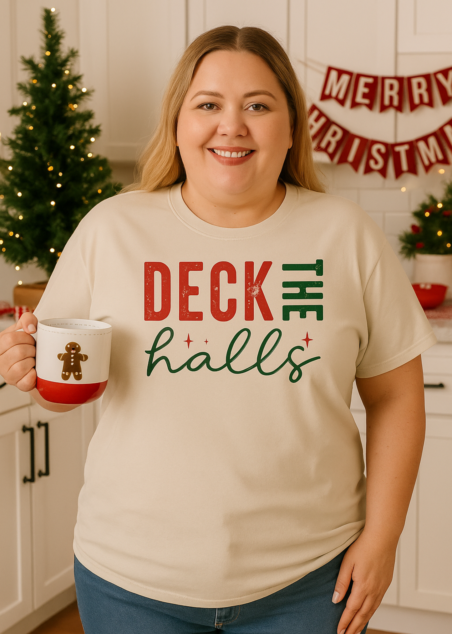 Person wearing a 'Deck the Halls' shirt holding a mug in a kitchen with Christmas decorations.