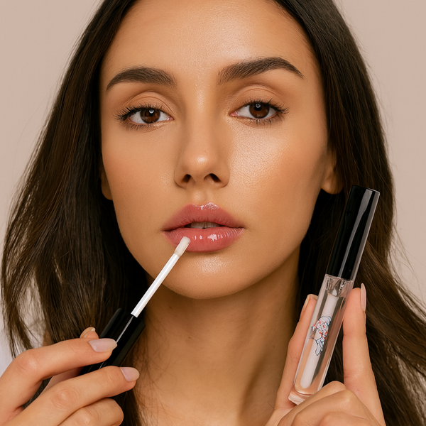 Woman applying lip gloss with a close-up of the product