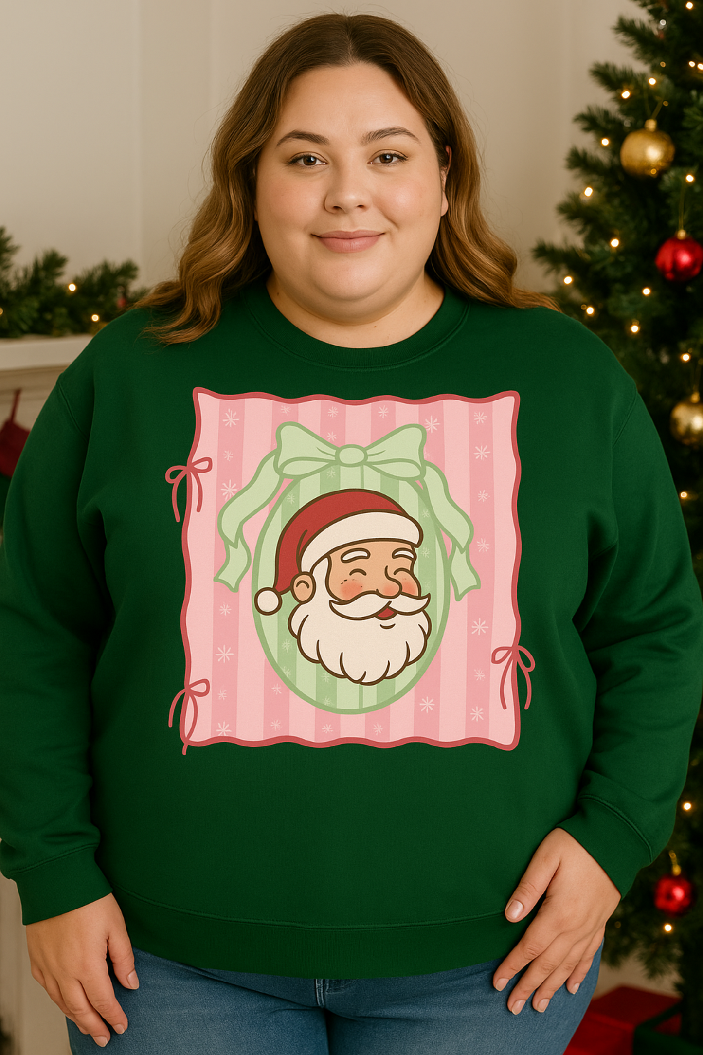 Person wearing a green sweater with a Santa Claus design in front of a Christmas tree.