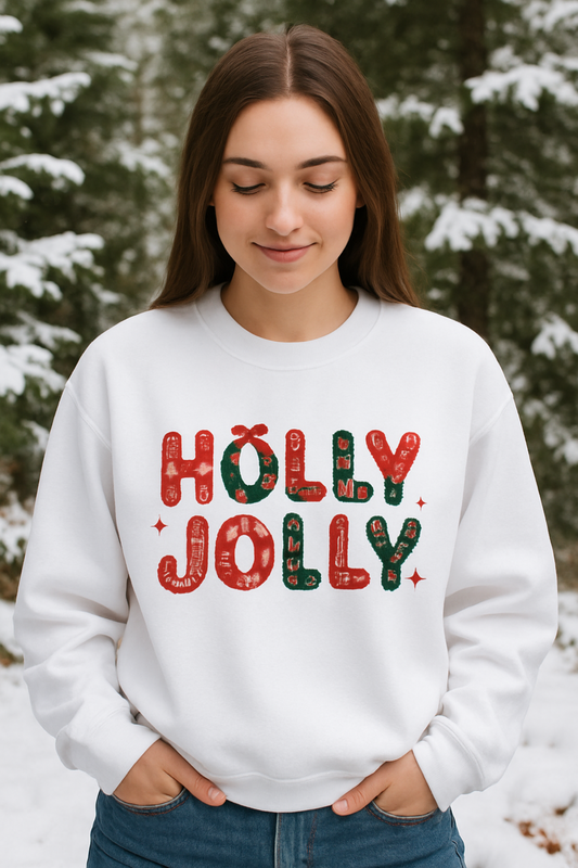 Woman wearing a 'Holly Jolly' sweater in a snowy forest setting