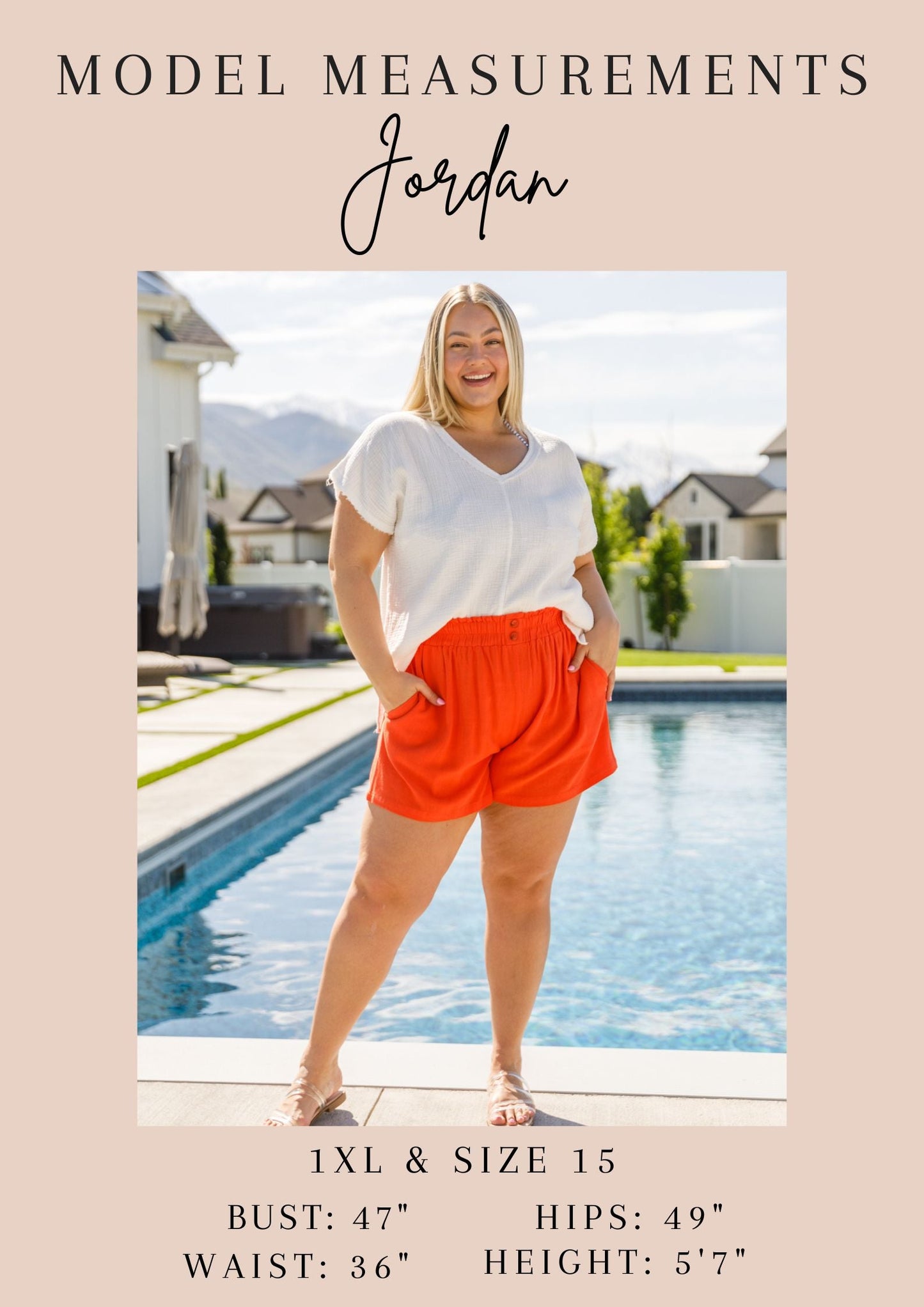 Woman standing by a pool with model measurements displayed
