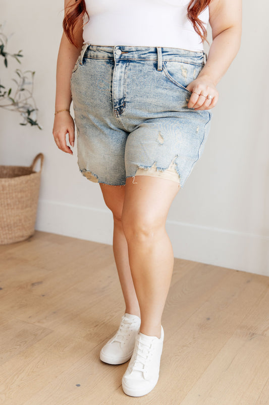 Cindy High Rise Mineral Wash Distressed Boyfriend Shorts by Judy Blue