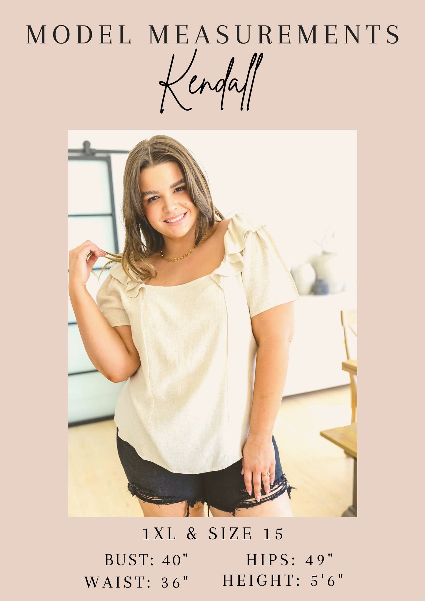 Model measurements for Kendall displayed with a person wearing a light-colored top and black shorts.