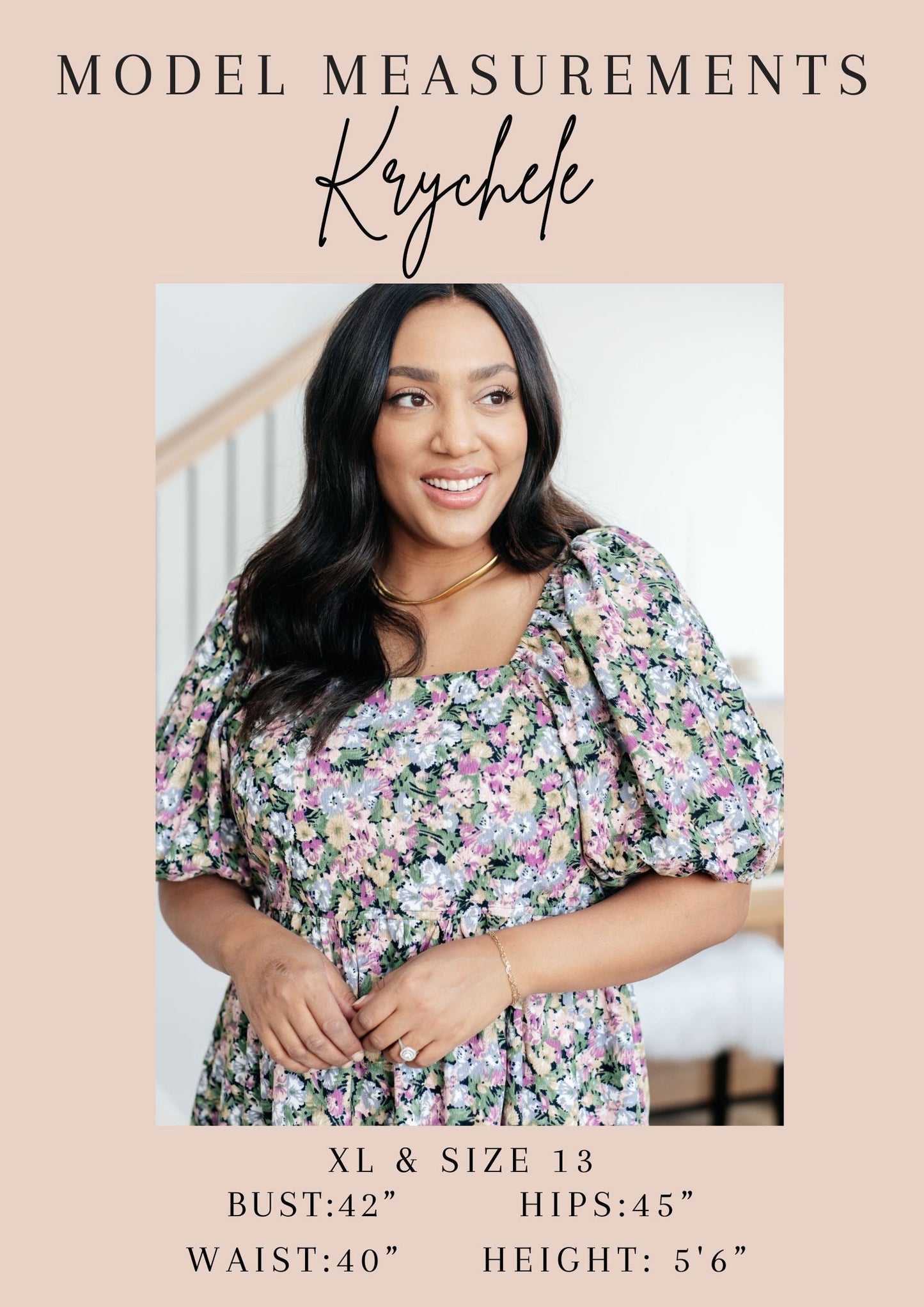 A promotional measurement graphic for a floral dress model, with the text 'MODEL MEASUREMENTS' and 'Krychelle' at the top, a portrait of a woman wearing the dress in the center, and sizing details for XL & Size 13 listed at the bottom on a beige background.
