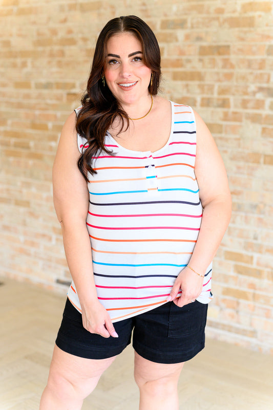 colorful striped henley tank top with a scoop neckline and a functional button closure.