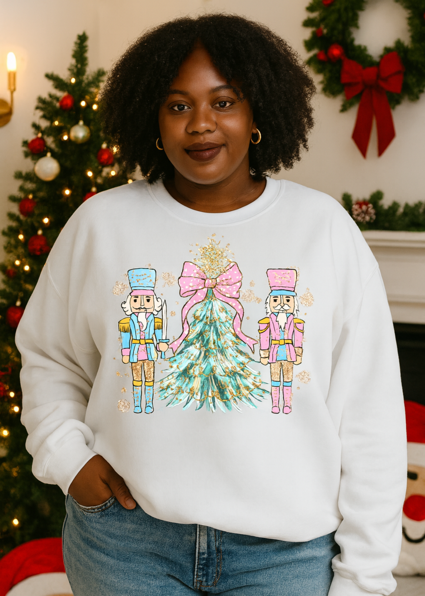 Person wearing a white sweatshirt with a Christmas-themed design in a festive setting.
