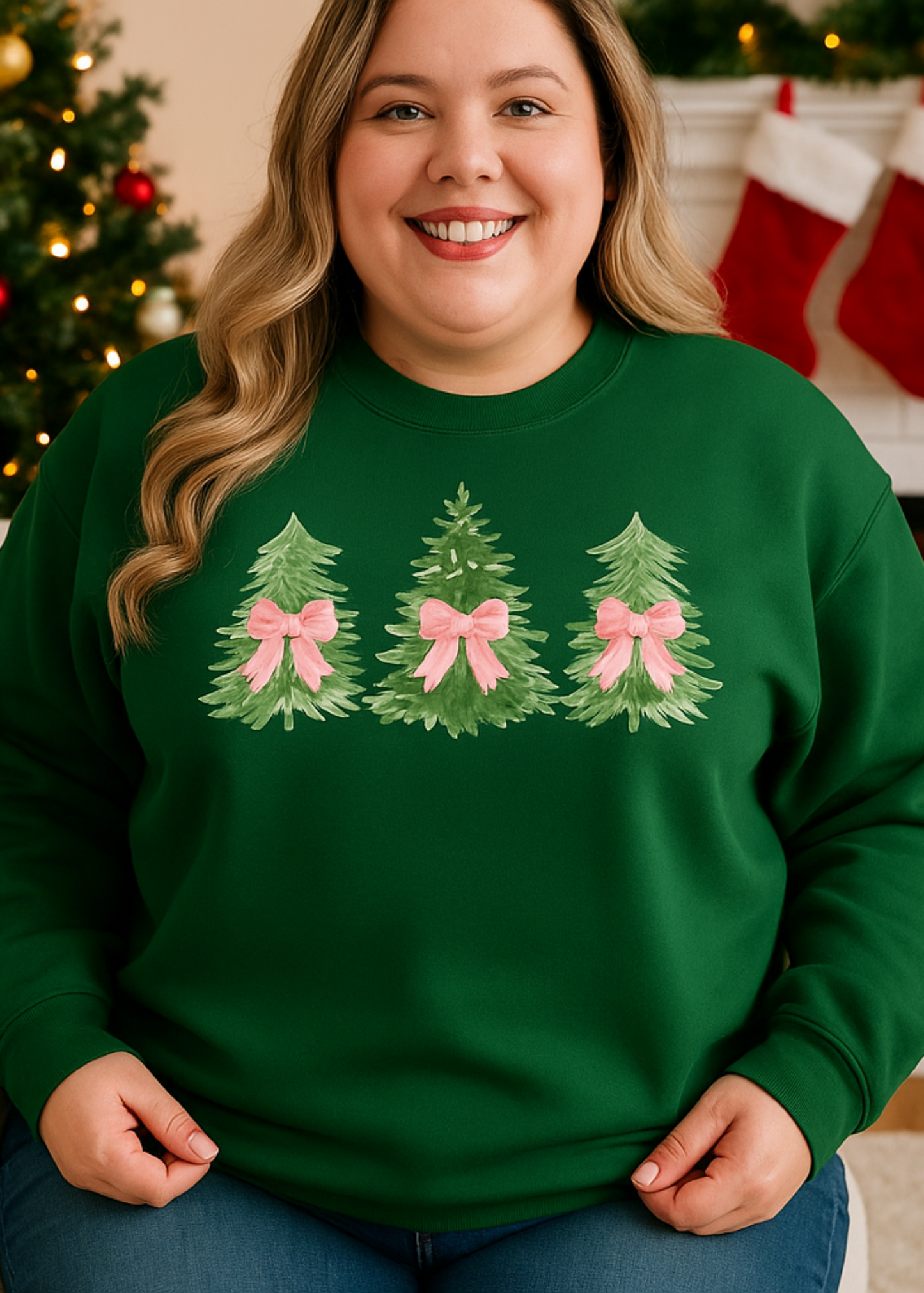 Person wearing a green sweater with Christmas tree and bow designs, sitting in front of a decorated fireplace.
