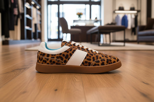 Sneaker with leopard print pattern on a white background