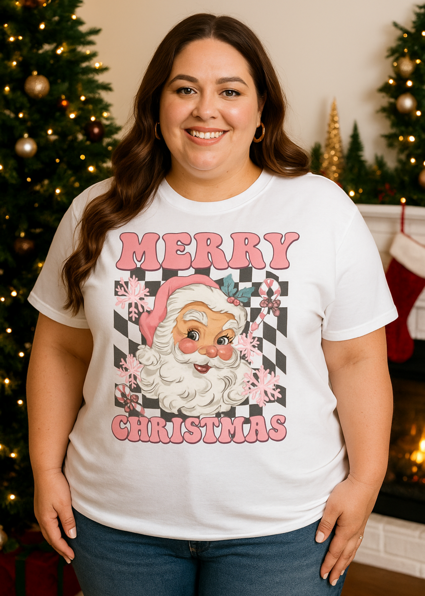 Person wearing a 'Merry Christmas' t-shirt with a vintage Santa Claus design in a festive setting.