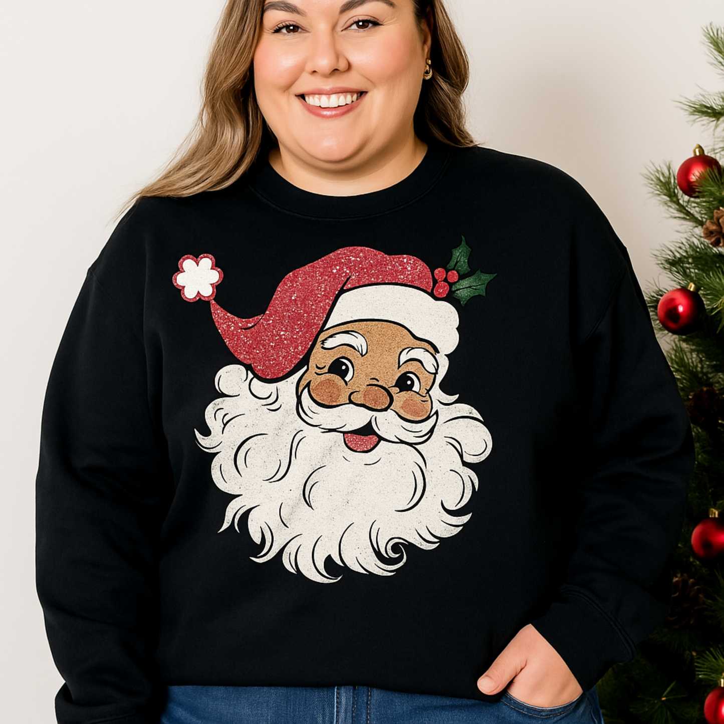 retro santa graphic black sweatshirt on a plus size model