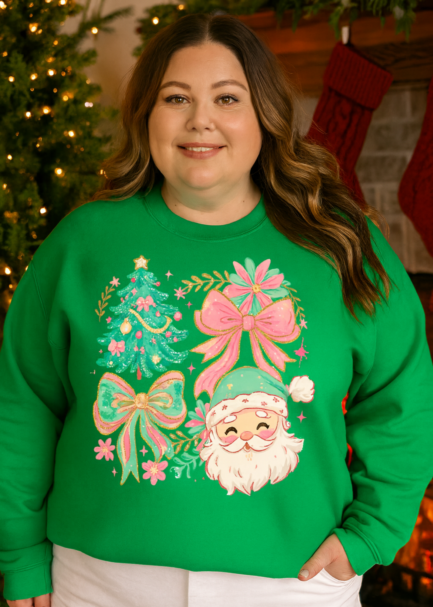 Person wearing a green Christmas-themed sweatshirt with a Santa Claus design, standing in front of a decorated fireplace.
