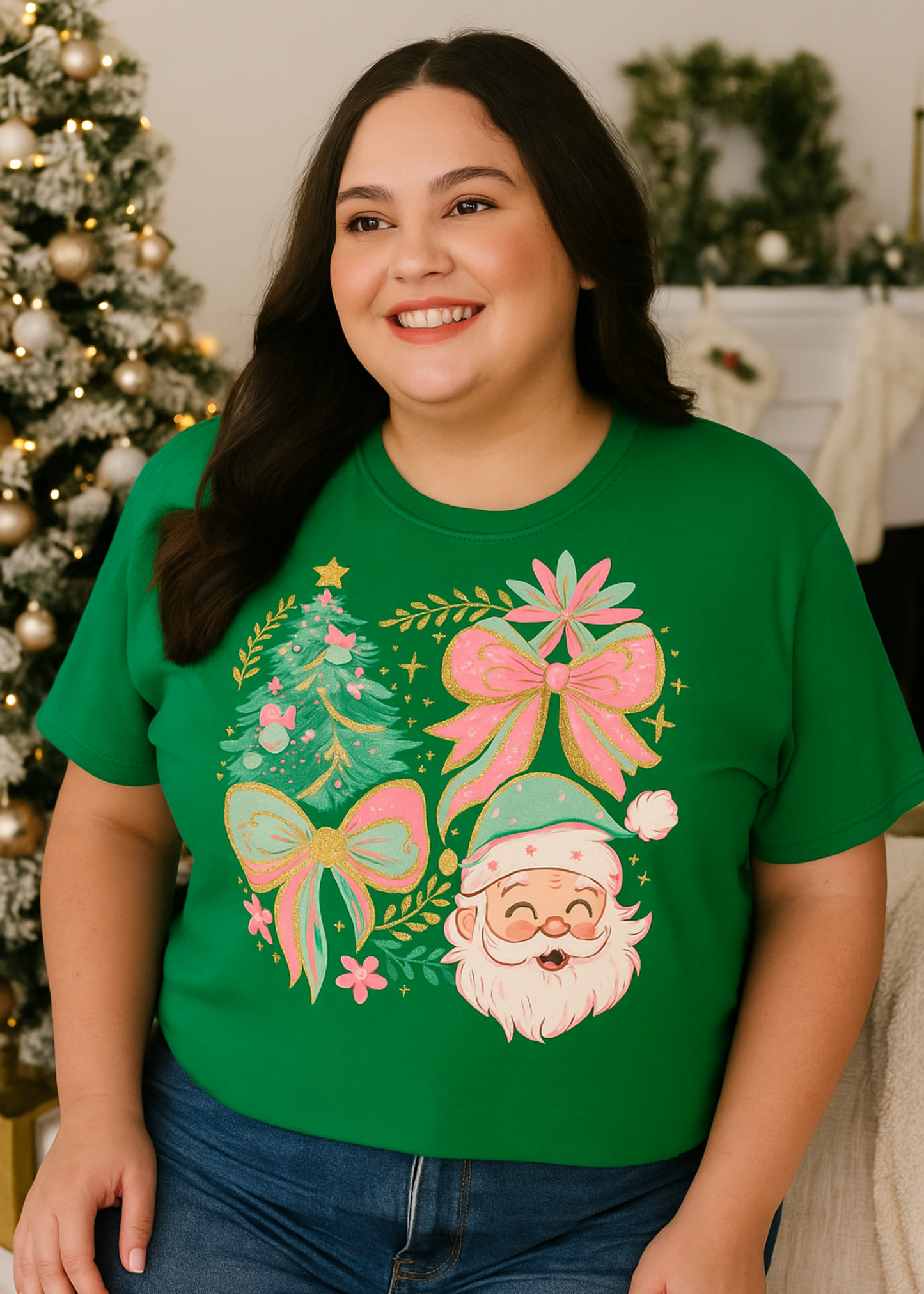 Person wearing a green t-shirt with a festive design in a decorated room.