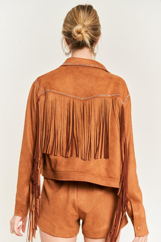 Brown suede fringe jacket worn by a person on a white background