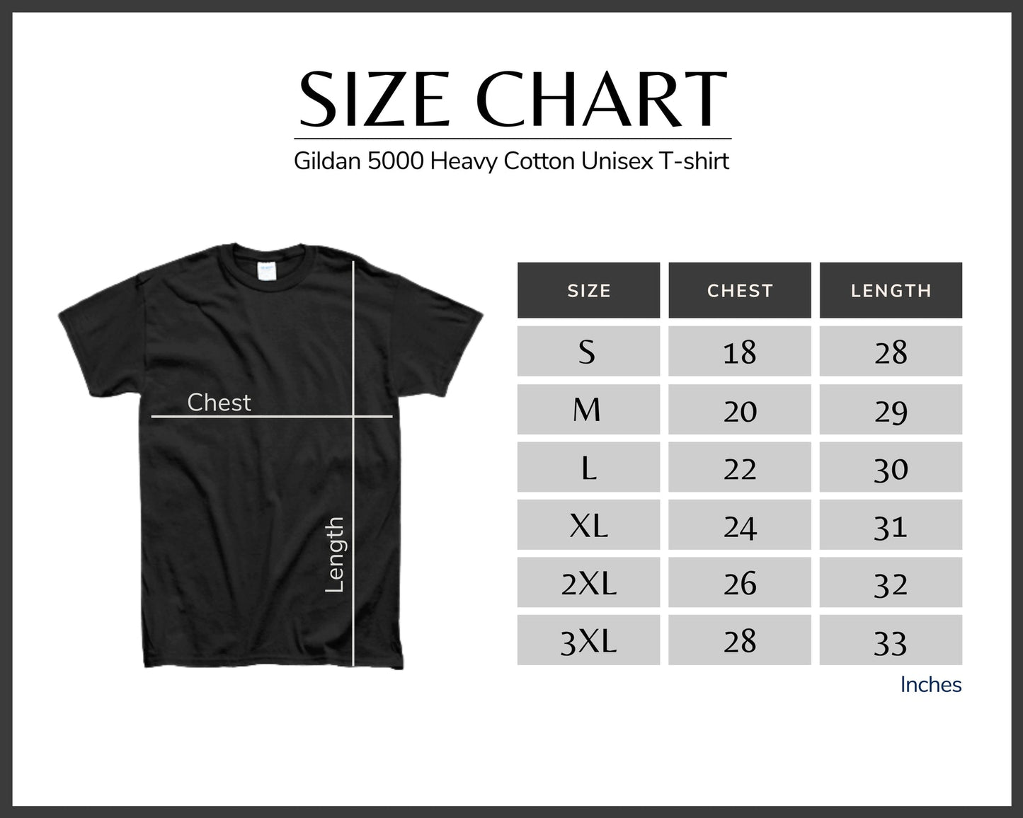 Size chart for Gildan 5000 Heavy Cotton Unisex T-shirt with a black t-shirt on the left.