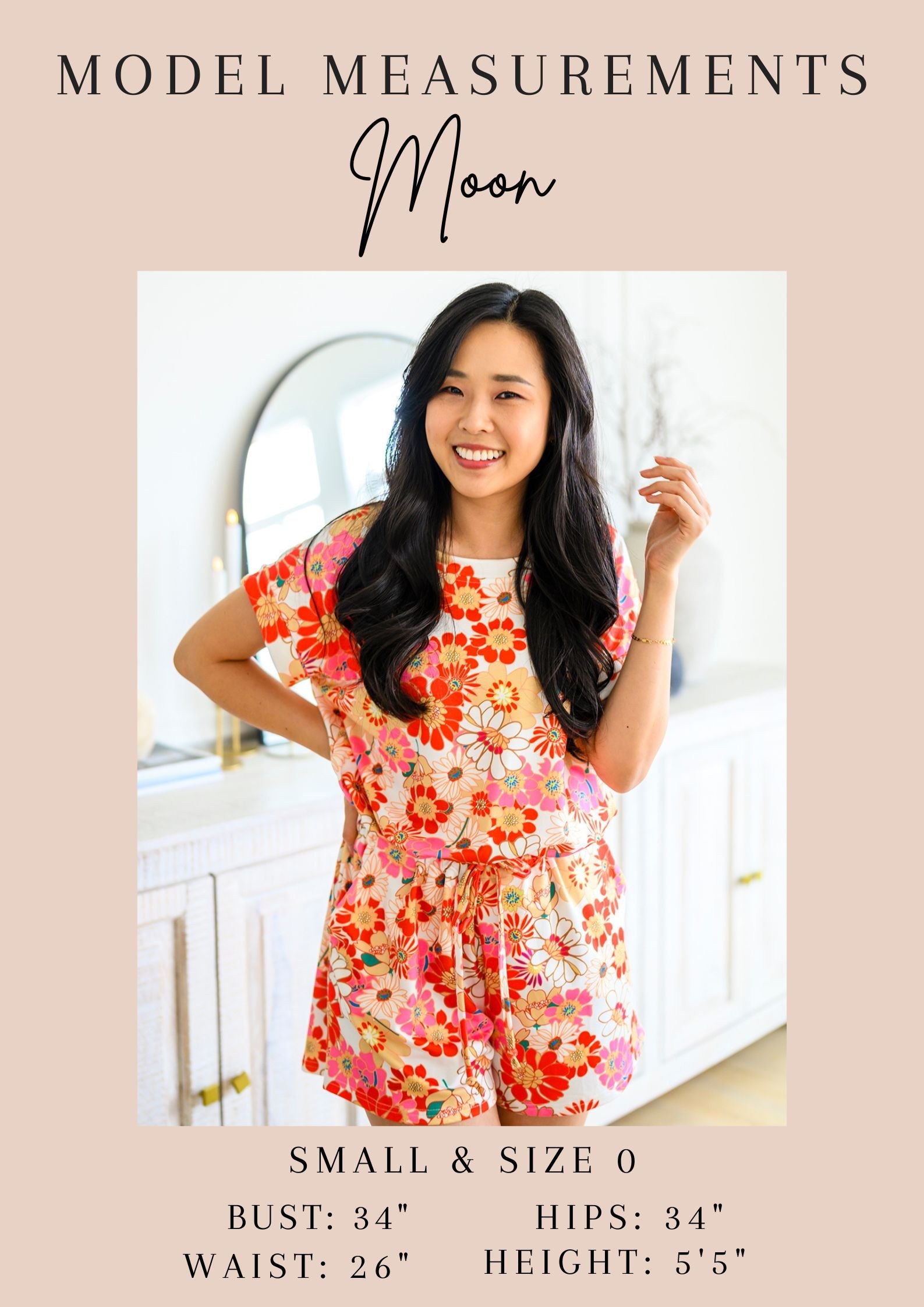 Woman wearing a floral dress with model measurements displayed.