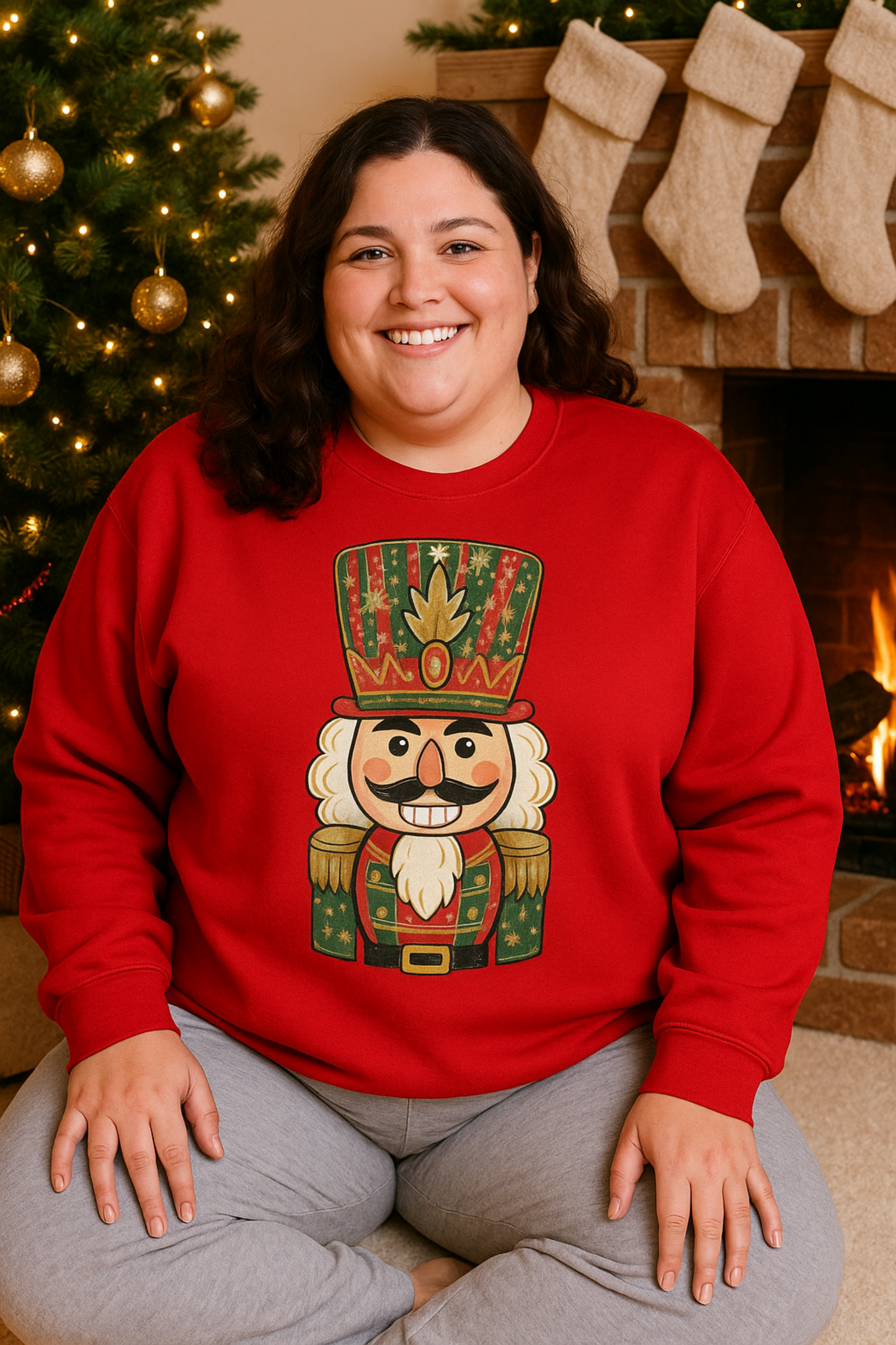 Person wearing a red sweatshirt with a nutcracker design in front of a Christmas tree and fireplace.