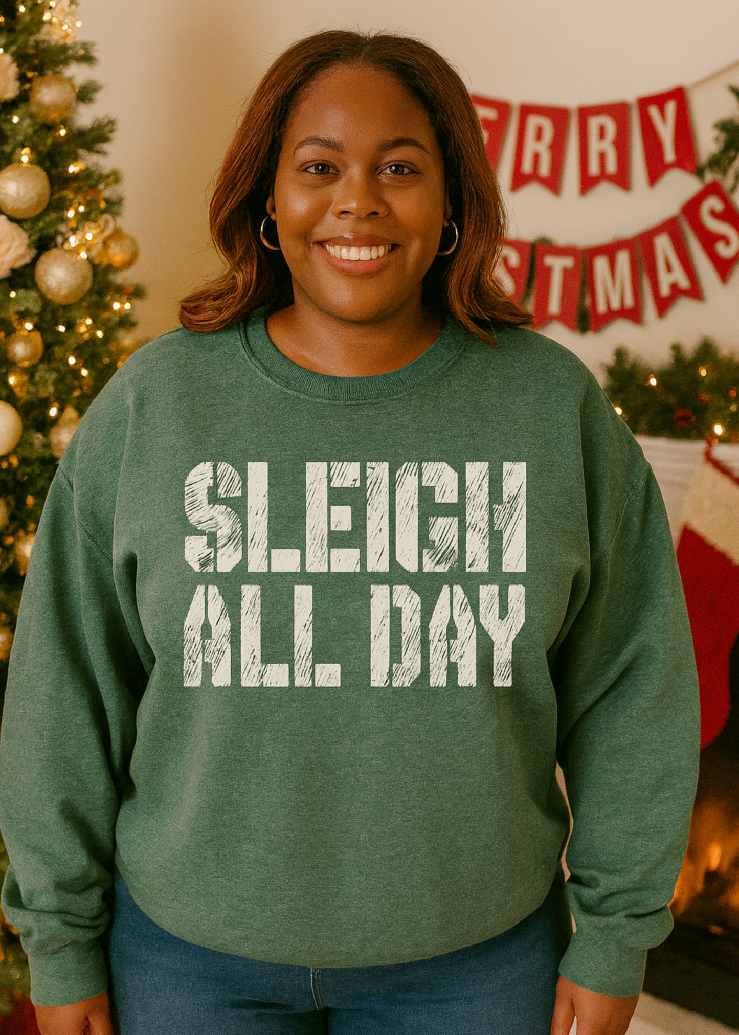 green sweatshirt with white words" sleigh all day" on a plus size model
