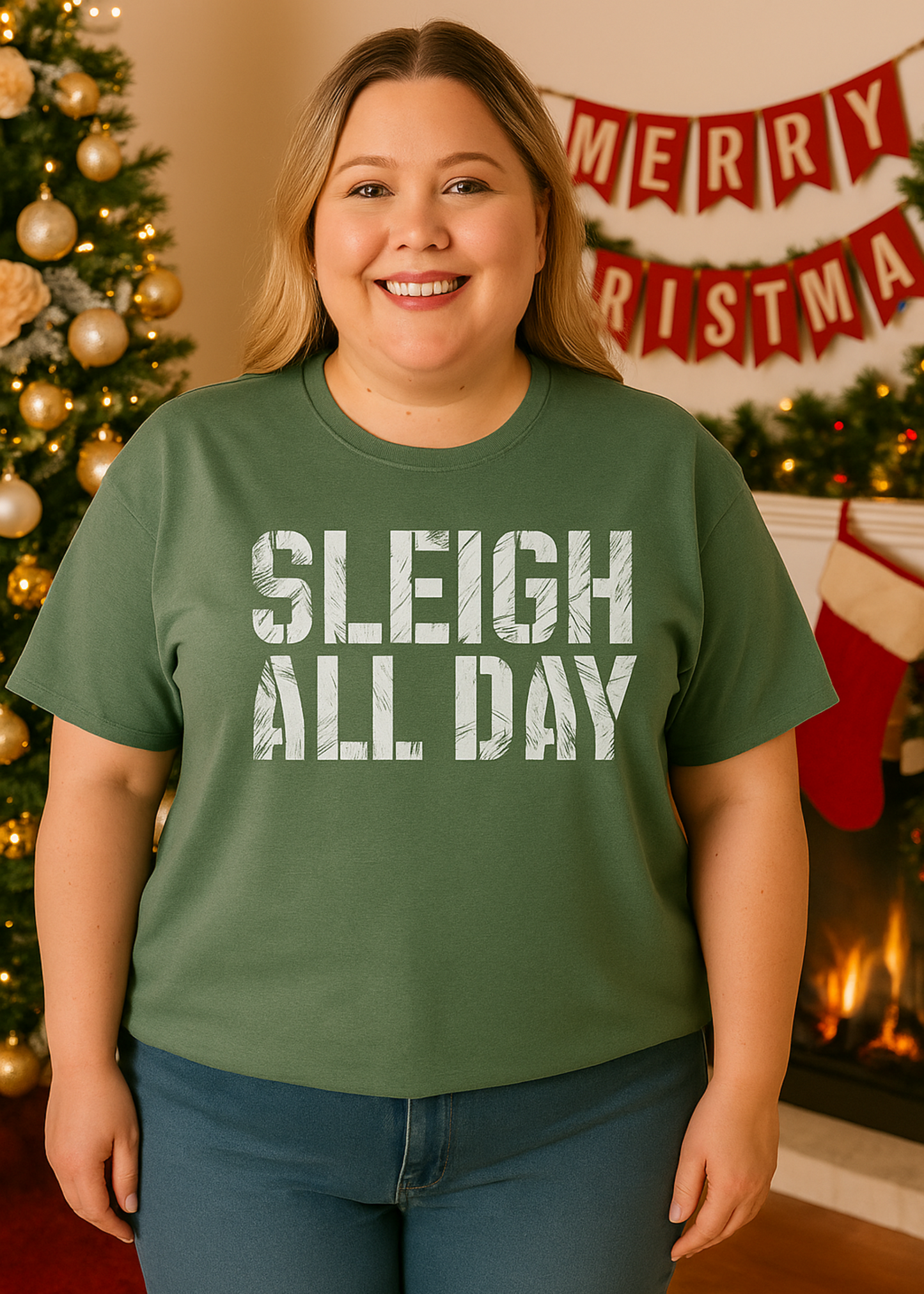 Person wearing a green t-shirt with 'SLEIGH ALL DAY' text in a festive setting with Christmas decorations.