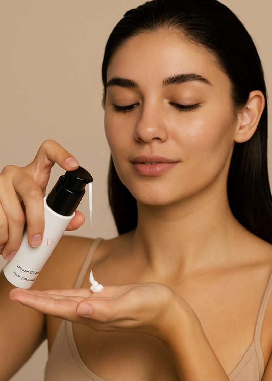 Woman applying a white cream to her palm with a beige background