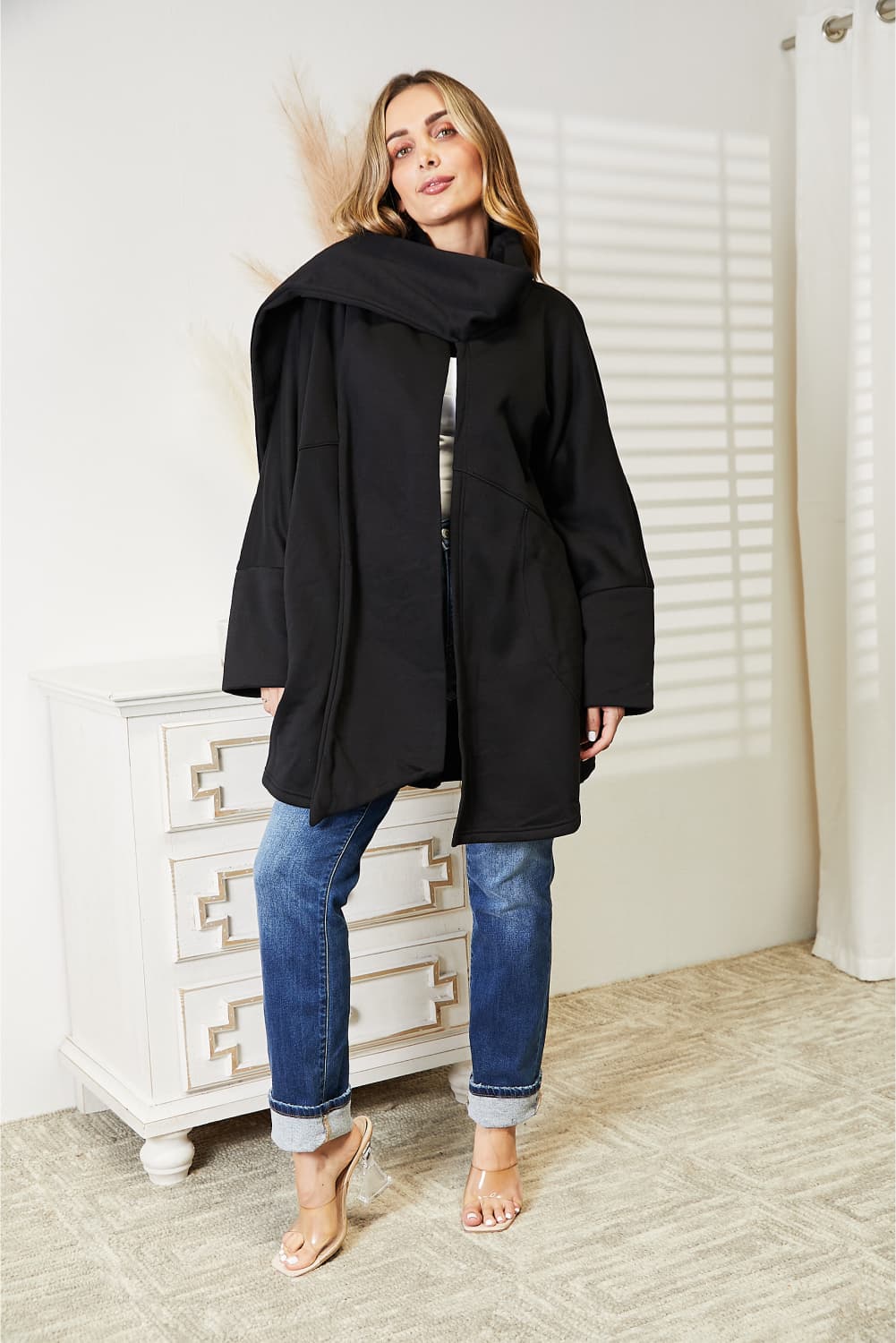Open Front Cardigan with Scarf Design in Black