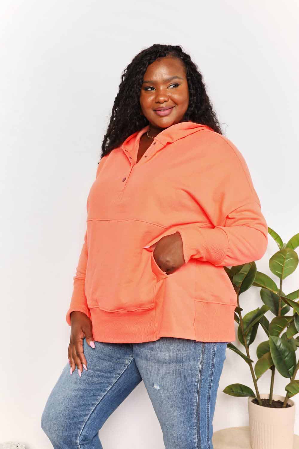 Quarter-Snap Dropped Shoulder Hoodie in Tangerine