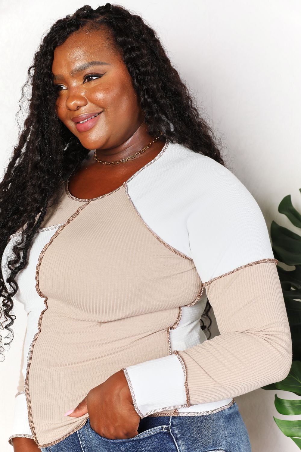 Color Block Exposed Seam Top in Khaki