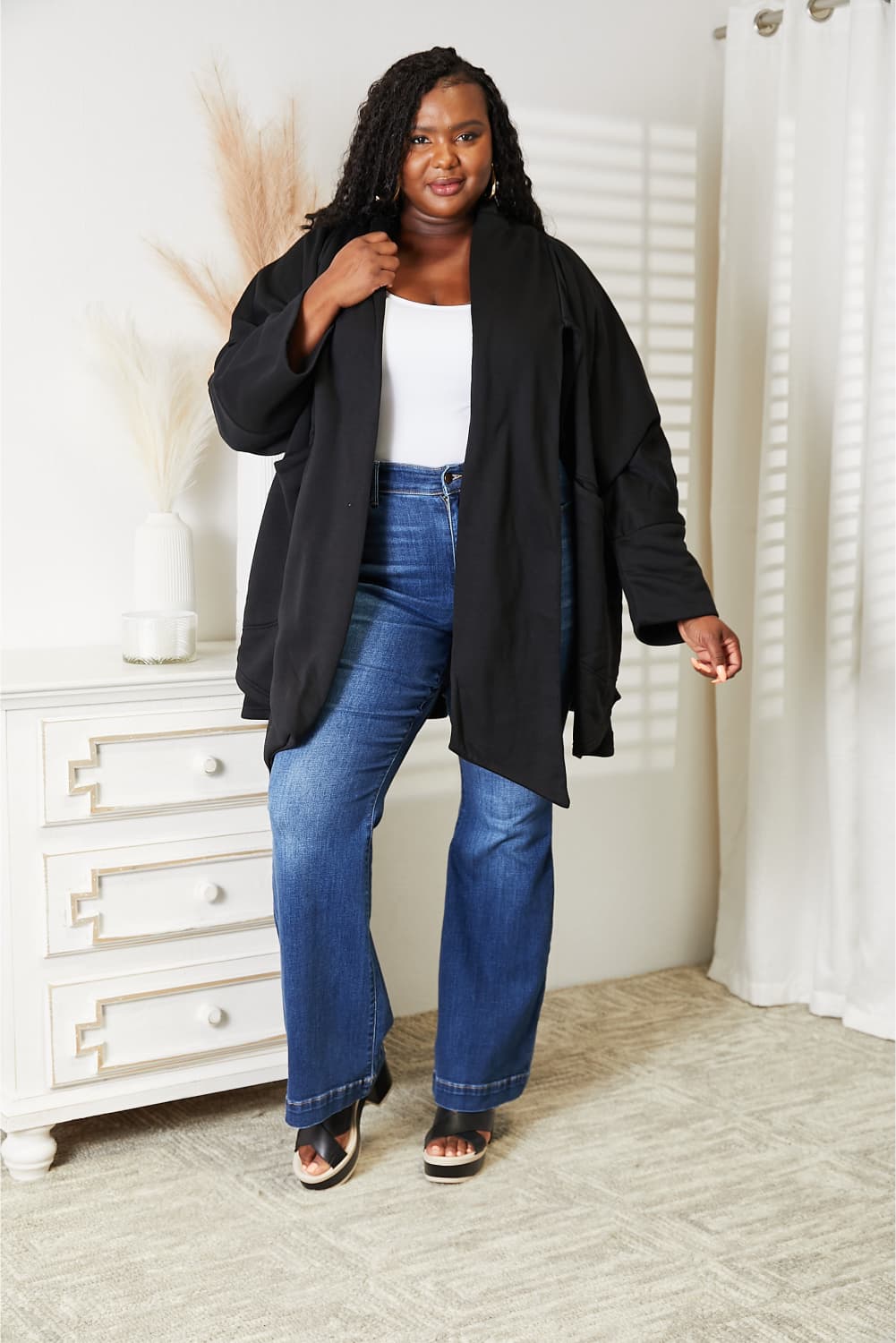 Open Front Cardigan with Scarf Design in Black