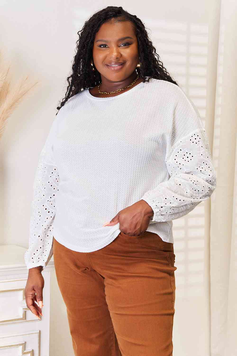 White Eyelet Dropped Shoulder Round Neck Blouse
