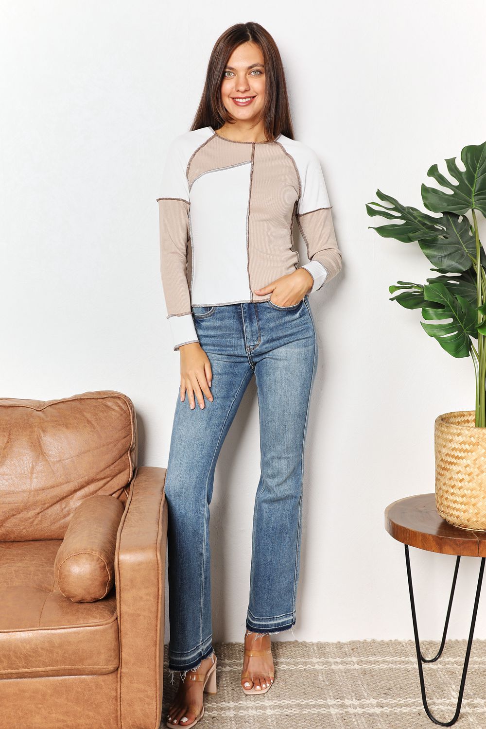 Color Block Exposed Seam Top in Khaki