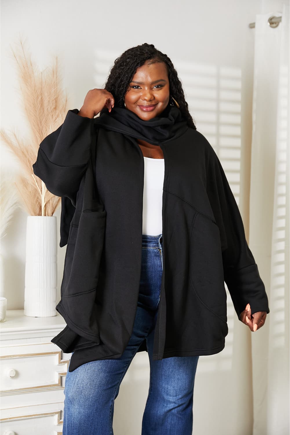 Open Front Cardigan with Scarf Design in Black