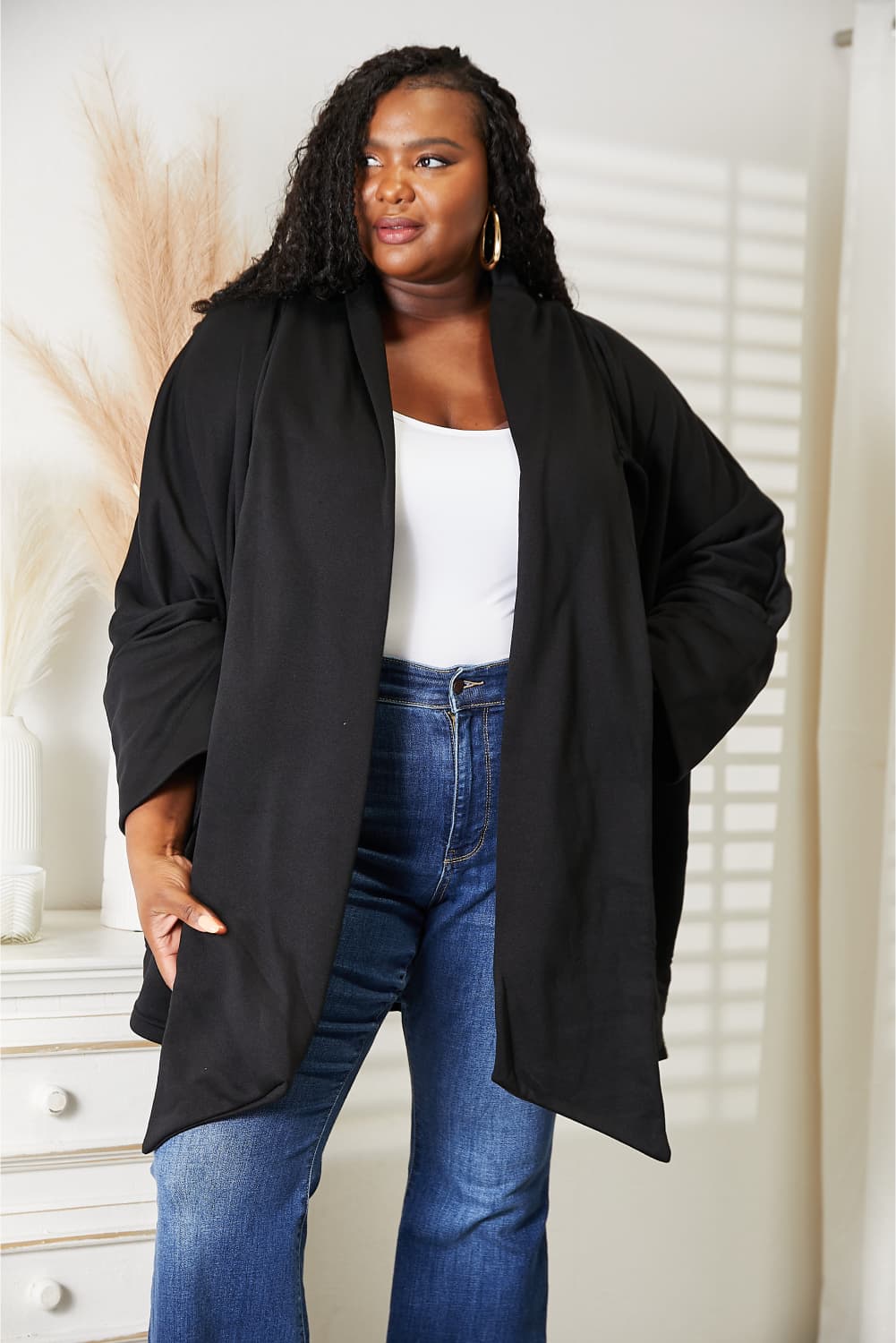 Open Front Cardigan with Scarf Design in Black