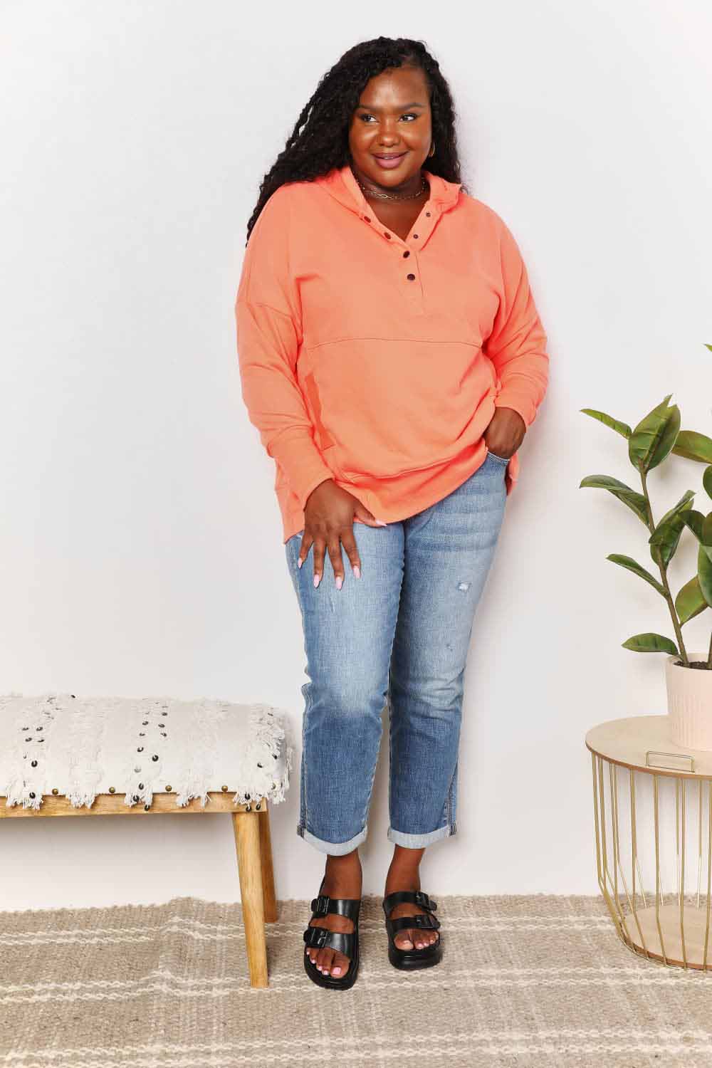 Quarter-Snap Dropped Shoulder Hoodie in Tangerine