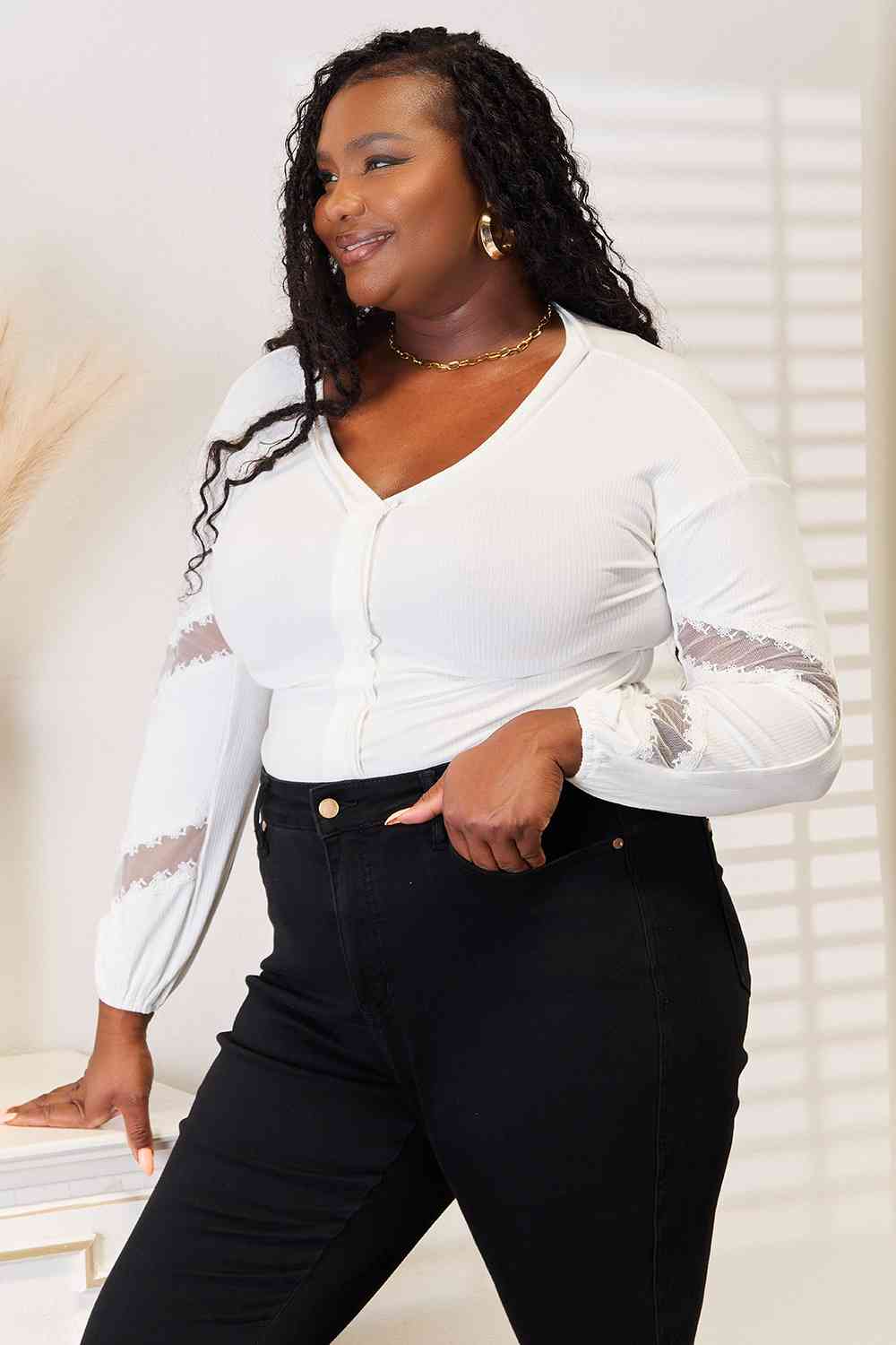 V-Neck Dropped Shoulder Blouse in White