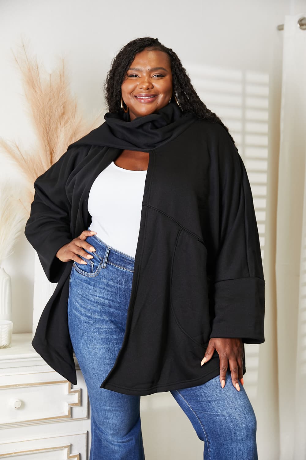 Open Front Cardigan with Scarf Design in Black