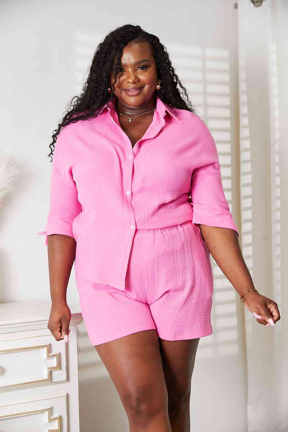 Fuchsia Pink Textured Shirt and Elastic Waist Shorts with Pockets