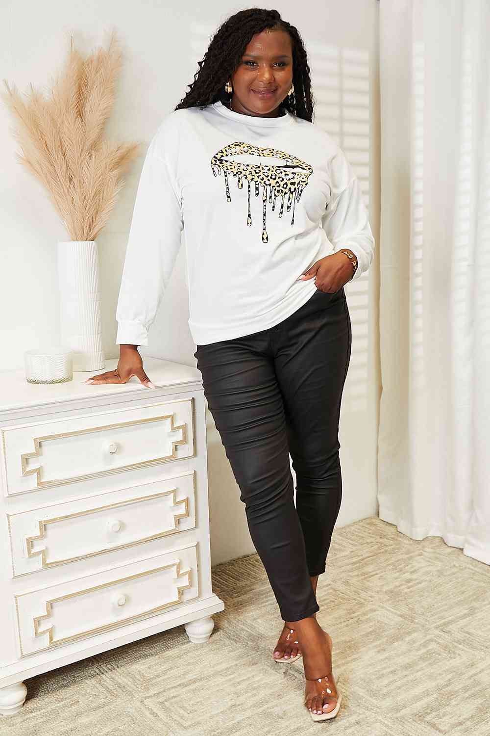 Leopard Kiss Dropped Shoulder Round Neck Sweatshirt